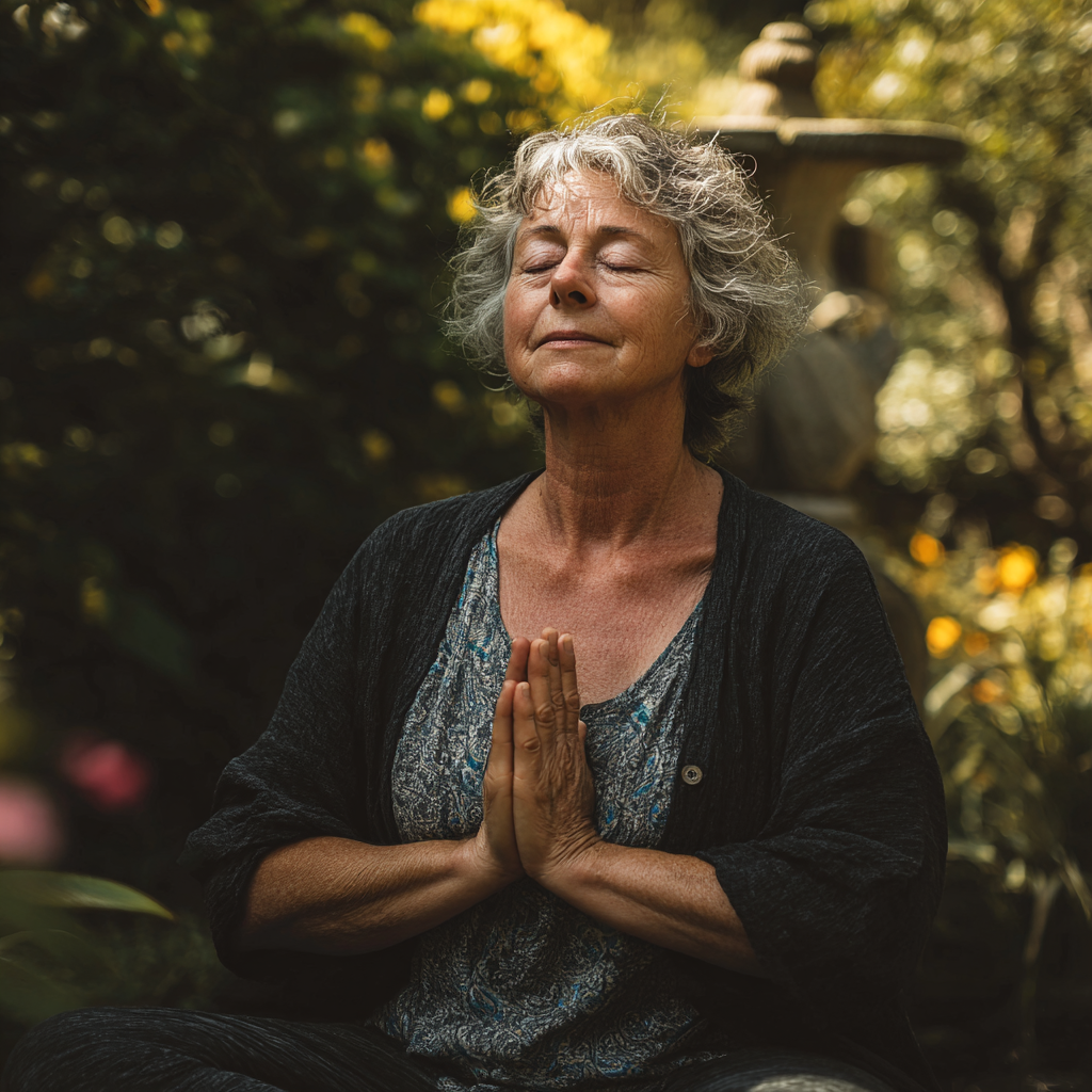 Active elderly European man practicing simple yoga poses in a hotel room, showing travel-friendly exercises and breathing techniques
