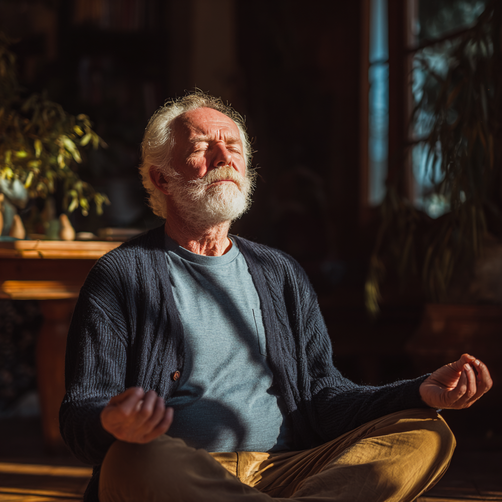 Confident elderly European woman practicing chair yoga and breathing exercises in an office setting, demonstrating accessible yoga poses